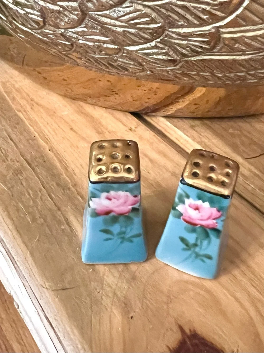 Vintage Salt & Pepper Shakers: Hand-Painted Flowers, Gilding, Blue w/ Pink Rose